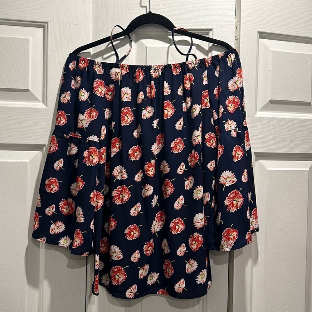 Pleione Navy Floral Off The Shoulder Top, Size Medium